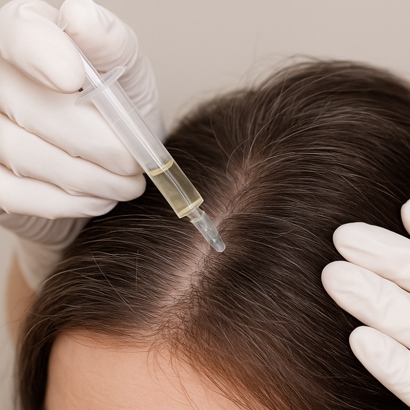 Growth-factor peptide serum being applied to the scalp to stimulate dormant hair follicles and support hair regrowth.