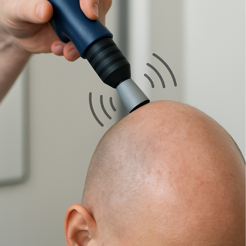 Shockwave therapy device delivering pulses to the scalp to improve circulation and support hair follicle repair.