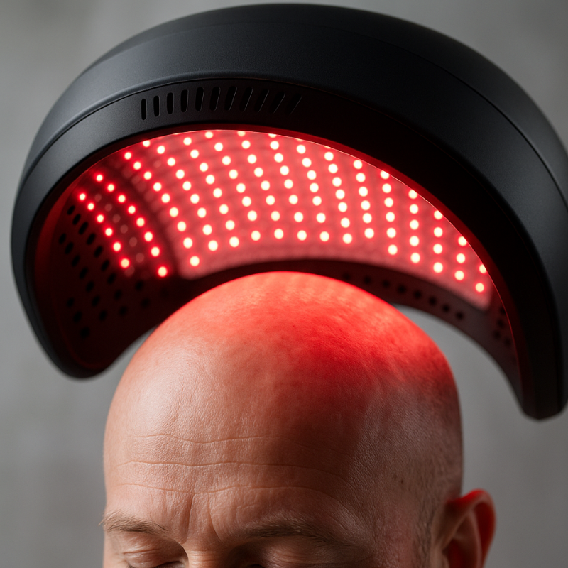 Red-light laser therapy helmet being used to enhance follicle energy production and promote hair growth.