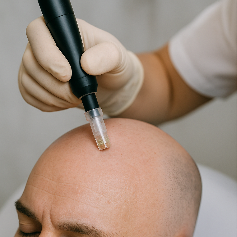 Scalp microneedling treatment to activate follicle stem cells and enhance absorption of PRP and growth peptides.