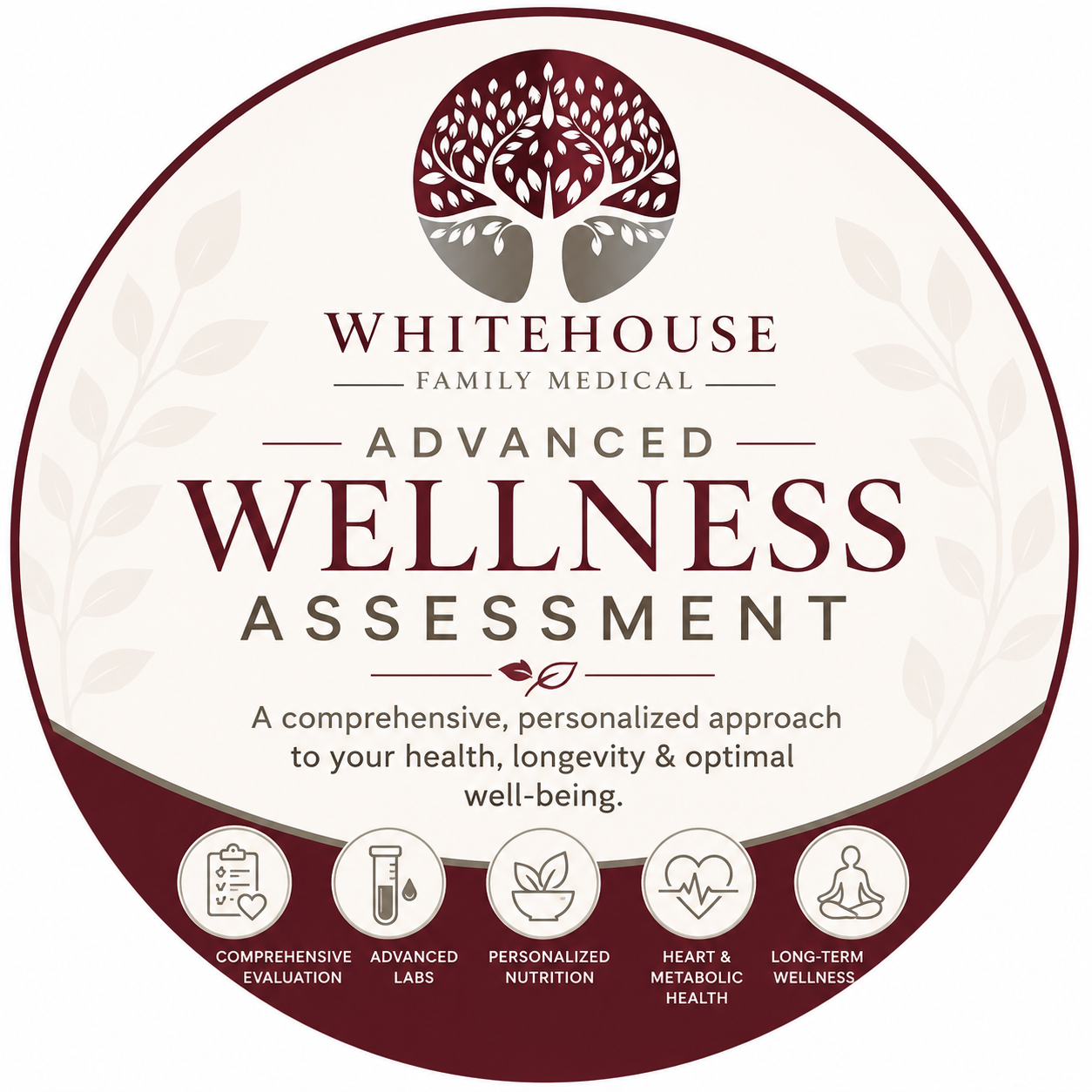 Advanced Wellness Assessment at Whitehouse Family Medical logo with maroon and gray wellness branding