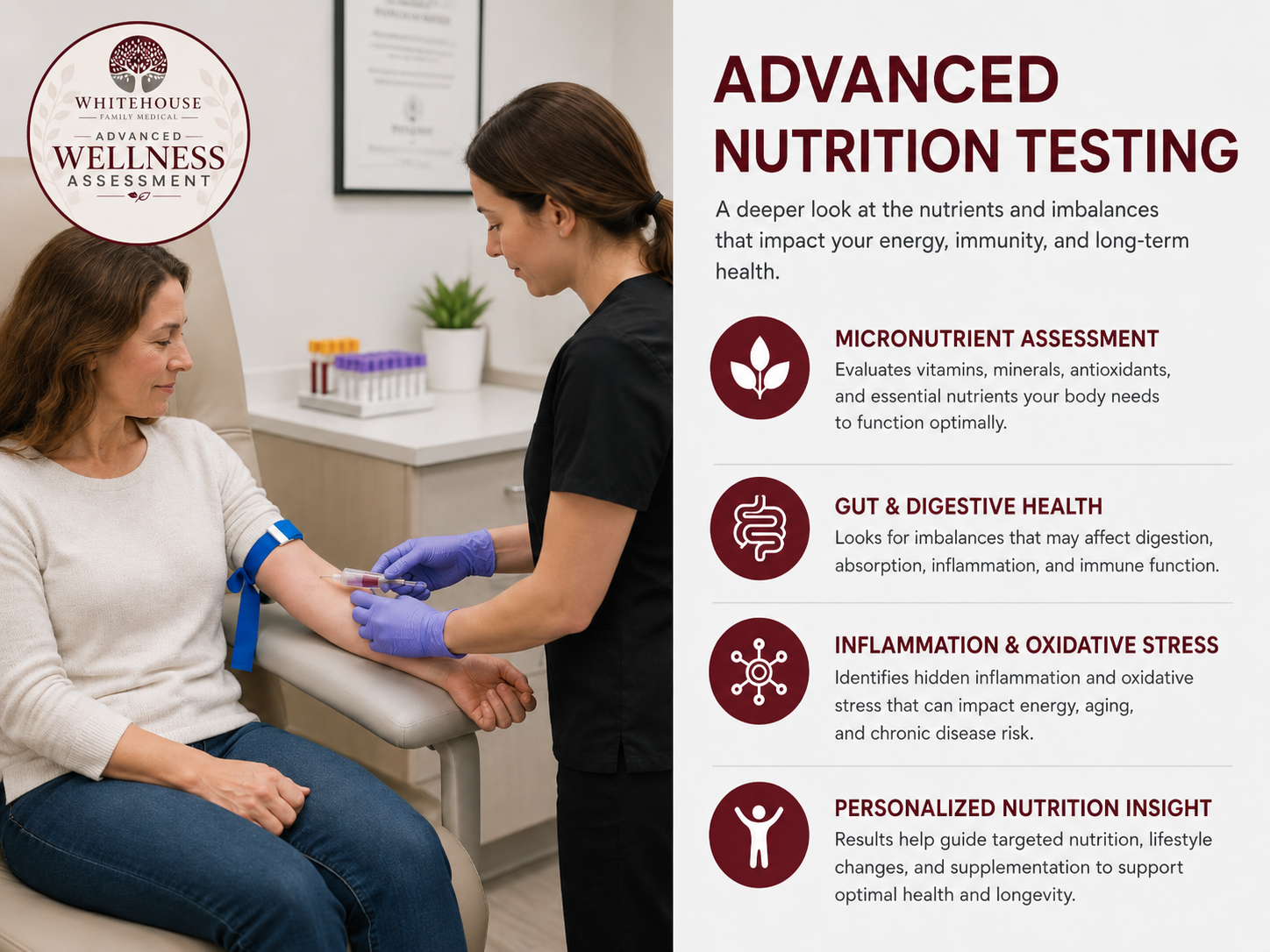 Advanced nutrition testing at Whitehouse Family Medical showing blood draw and wellness assessment in Whitehouse, TX