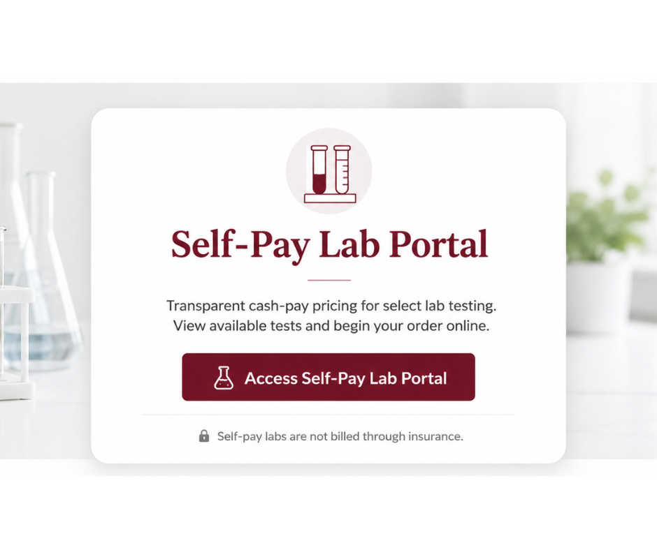 Self-Pay Lab Portal webpage mockup for Whitehouse Family Medical with a maroon button, lab test tube icon, and text about transparent cash-pay lab testing.