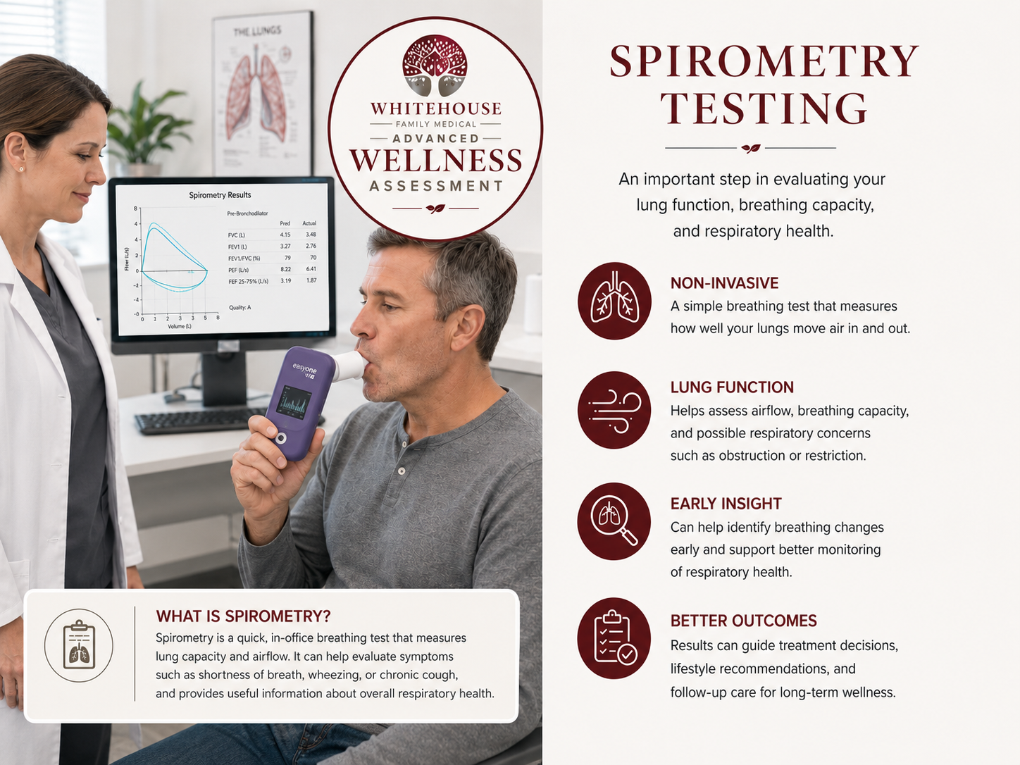 Spirometry testing at Whitehouse Family Medical showing a patient using a handheld EasyOne Air device to evaluate lung function and breathing capacity in Whitehouse, TX