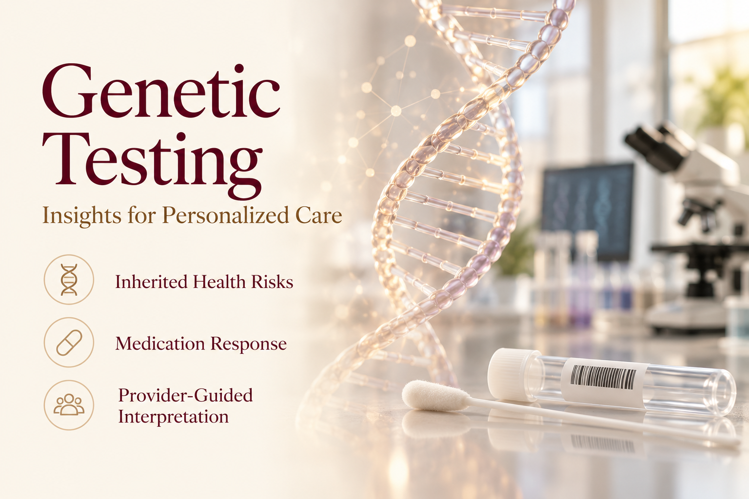 Genetic Testing in Whitehouse, TX Genetic testing graphic featuring a DNA helix, specimen swab, and information about inherited health risks and medication response.