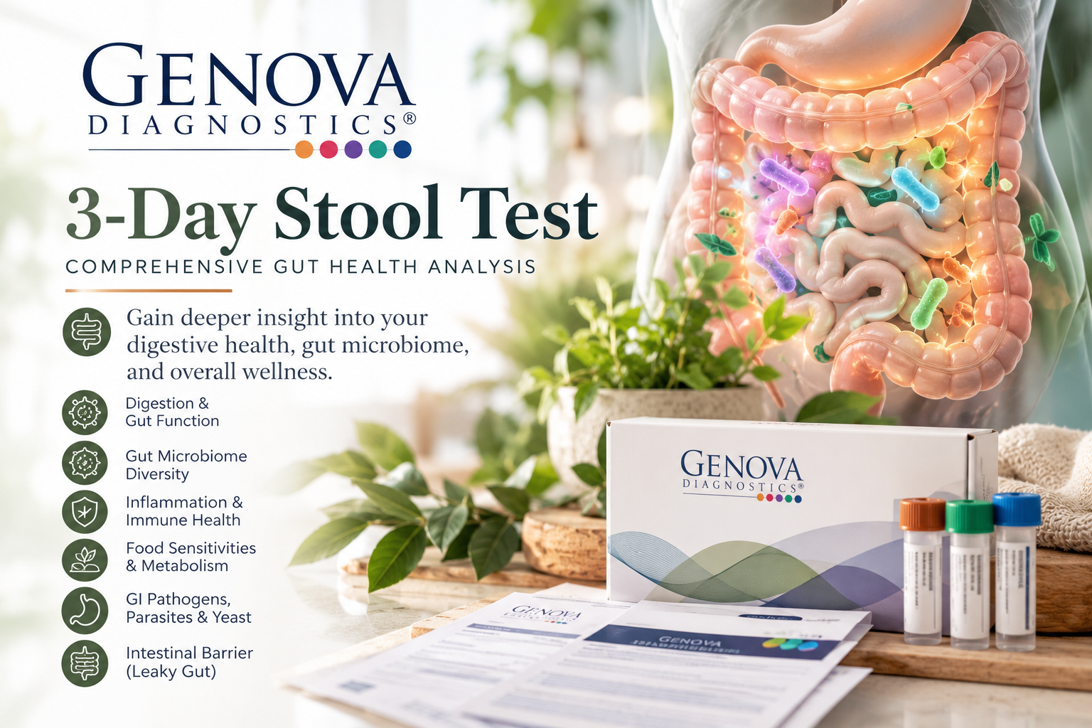 Genova Diagnostics 3-Day Stool Test | Gut Health Analysis Genova Diagnostics 3-Day Stool Test for comprehensive digestive health and gut microbiome analysis, featuring intestinal imagery and stool collection supplies.
