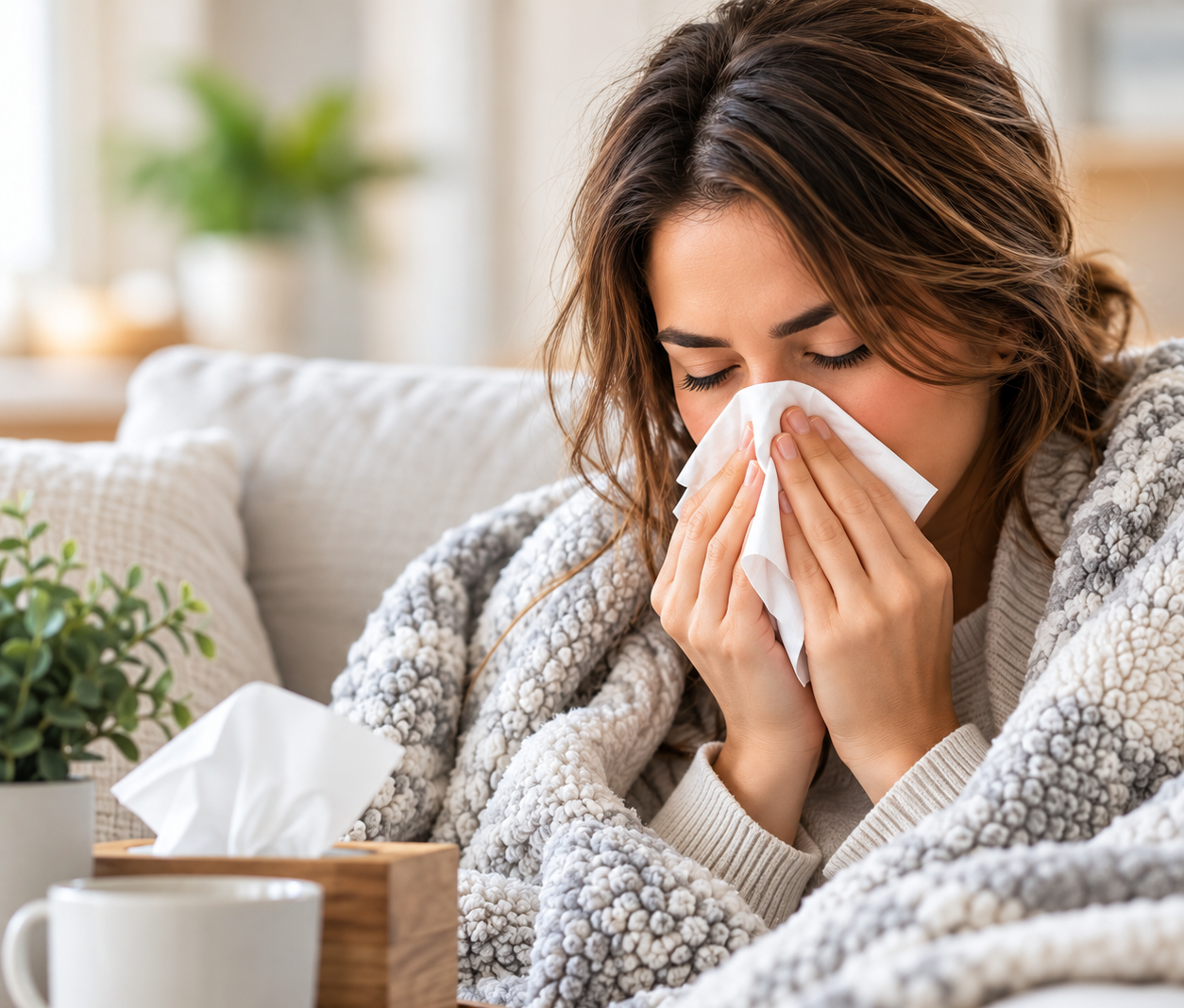 Same-Day Sick Visits in Whitehouse, TX Woman blowing her nose while resting at home with cold symptoms.
