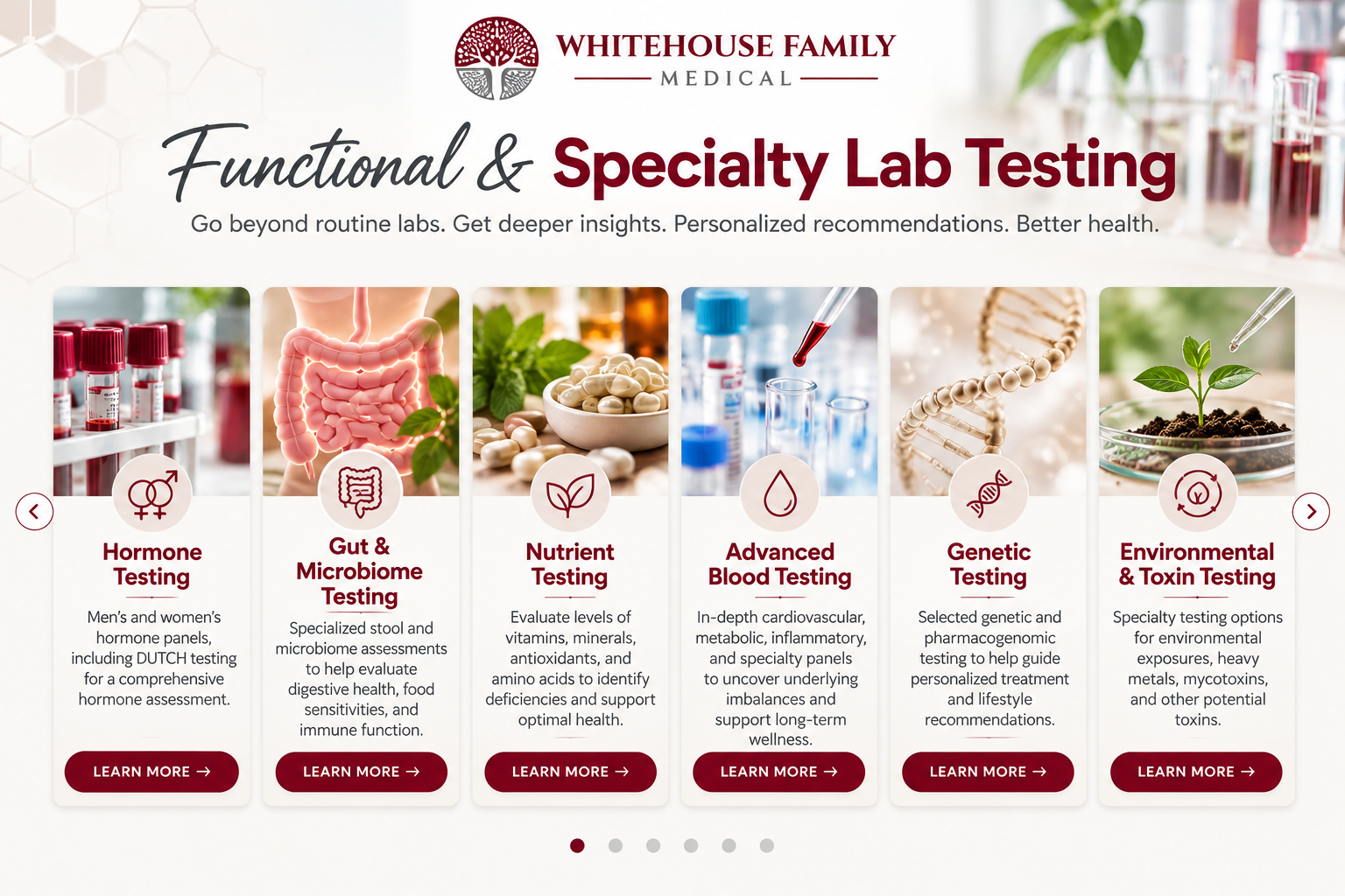 Functional & Specialty Lab Testing – Whitehouse Family Medical Whitehouse Family Medical functional lab testing options including hormone, gut microbiome, nutrient, advanced blood, genetic, and environmental testing.